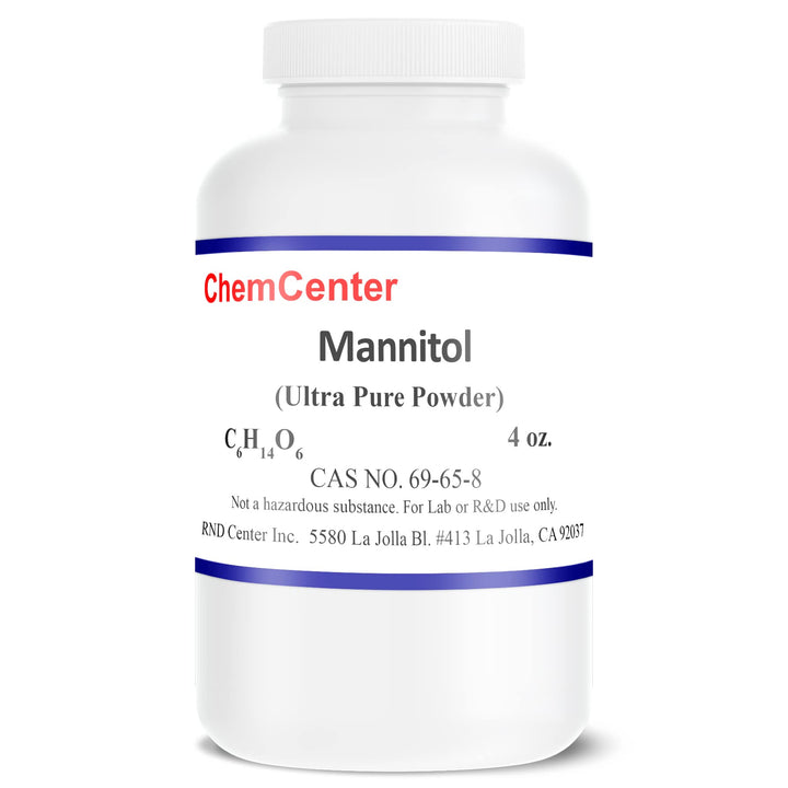 ChemCenter mannitol front bottle showing label and 4 oz container, clear lab-grade packaging