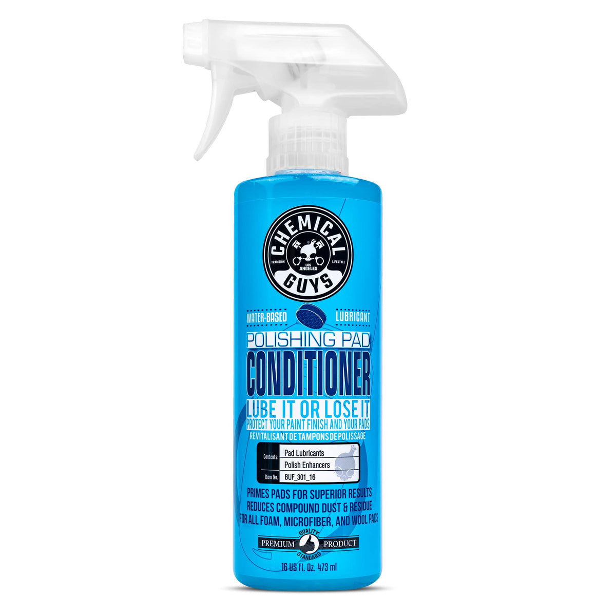 Chemical Guys pad conditioner front label showing product and benefit