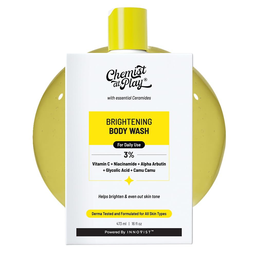 Chemist at Play body wash on bathroom shelf creating a bright routine