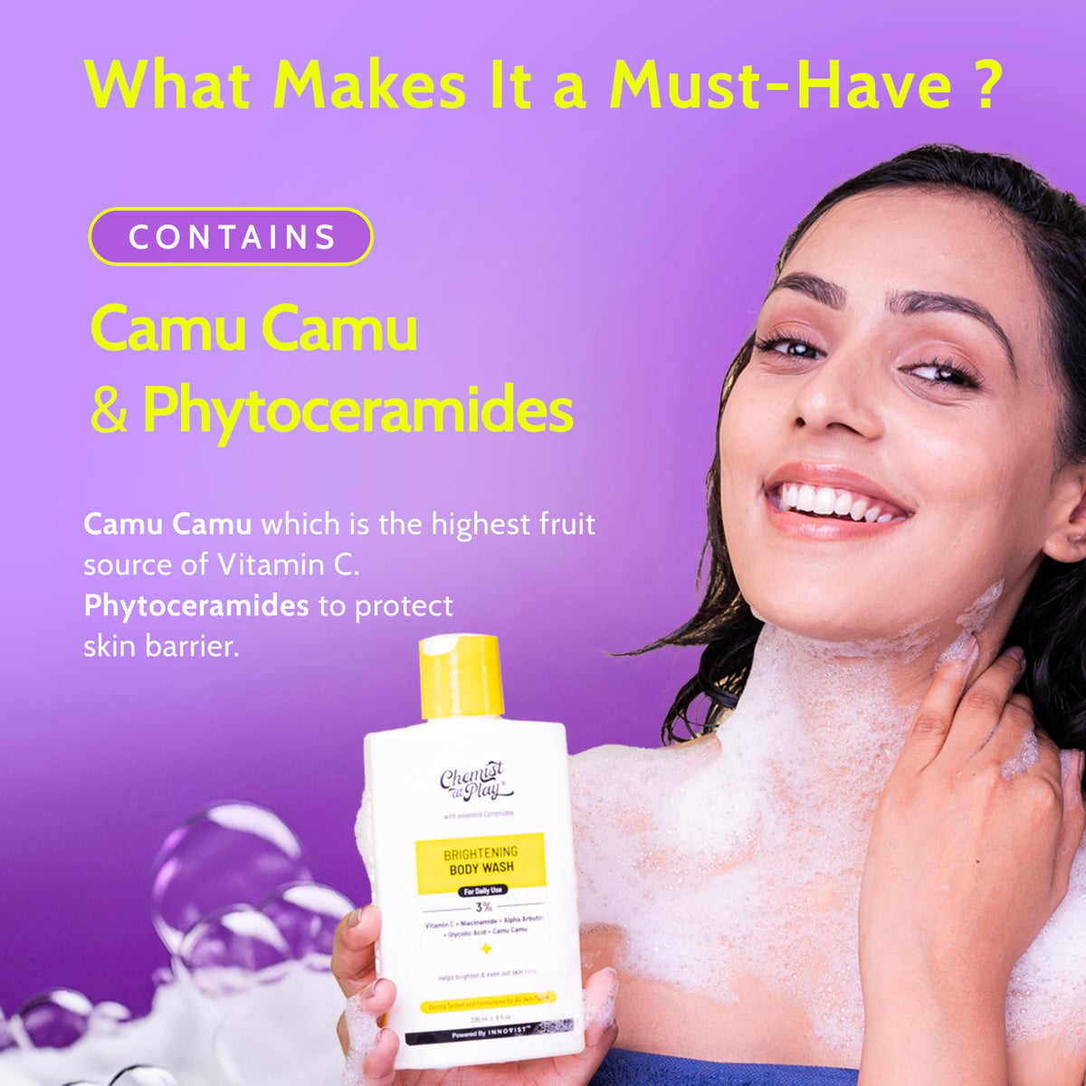 Chemist at Play label close-up highlighting Alpha Arbutin and Vitamin C