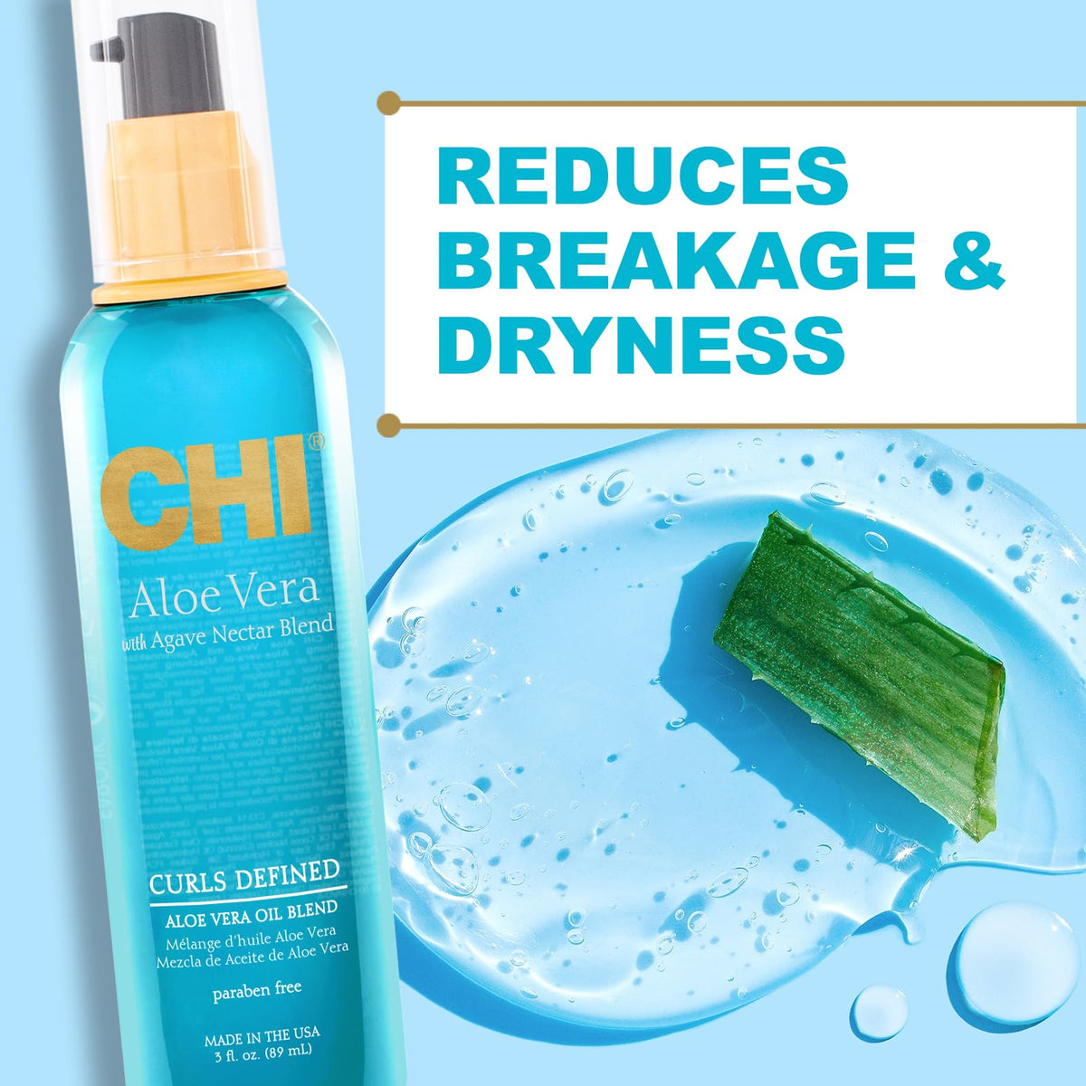 CHI oil being smoothed into curly hair to reduce frizz benefit