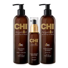 CHI front packaging of trio kit showing shampoo conditioner and oil for salon hydration