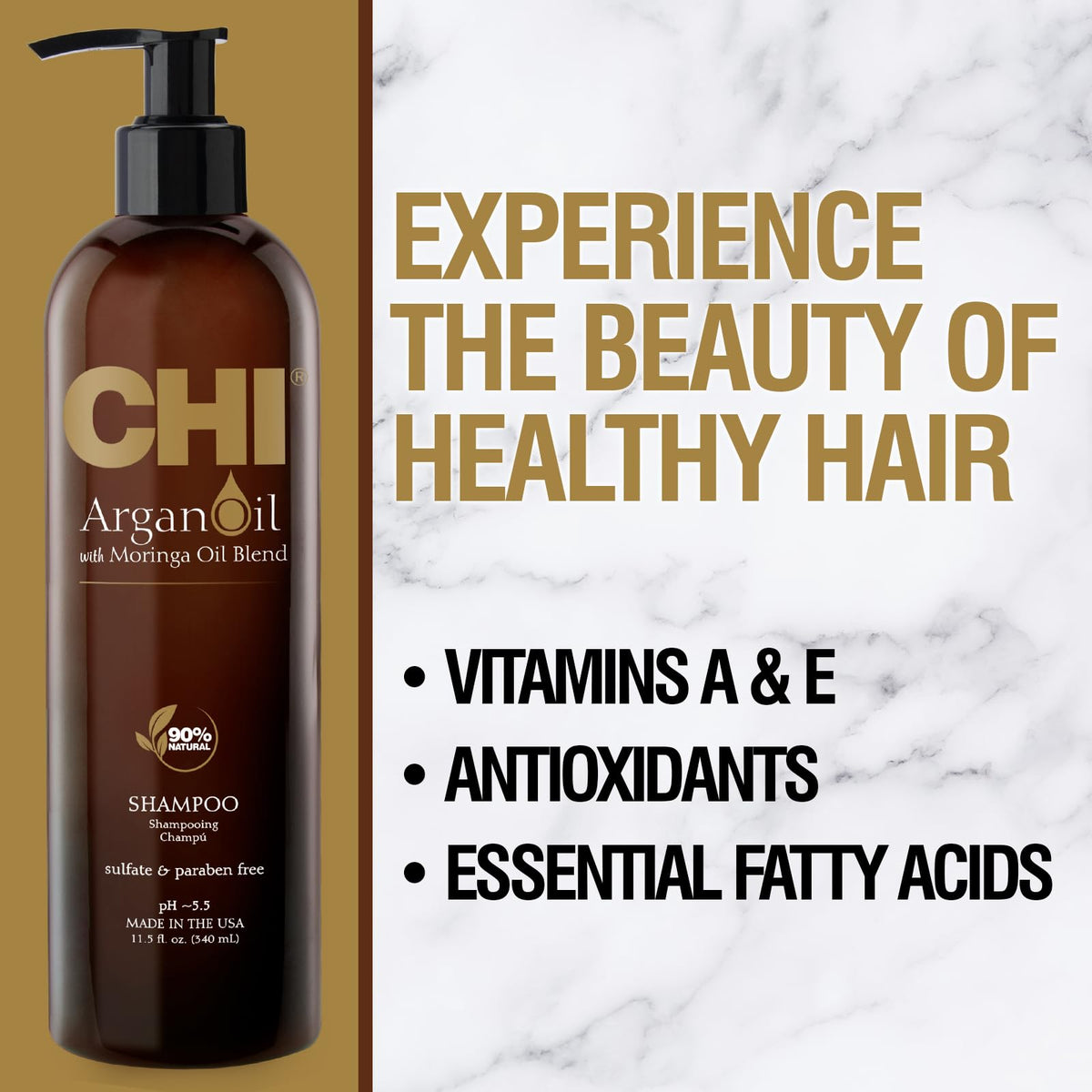CHI label close-up highlighting argan and moringa claims for ingredient clarity