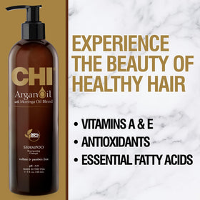 CHI label close-up highlighting argan and moringa claims for ingredient clarity