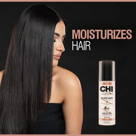 CHI product in hand demonstrating application and immediate frizz control benefit
