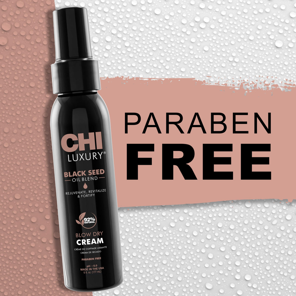CHI label close-up revealing Black Seed Oil ingredient and clean formulation benefit