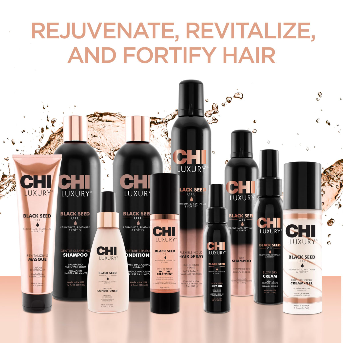 CHI bottle on bathroom shelf styled to show daily hair care routine