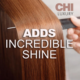 CHI bottle on a bathroom vanity with styling tools, conveying salon-quality results