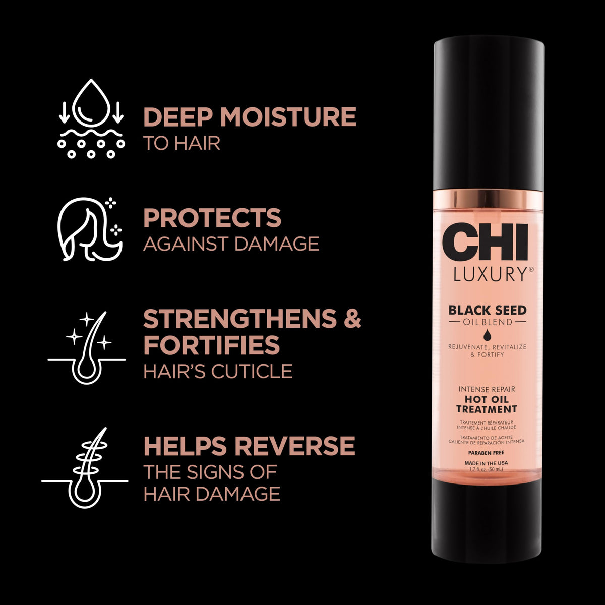 CHI open cap revealing silky black seed oil texture and shine