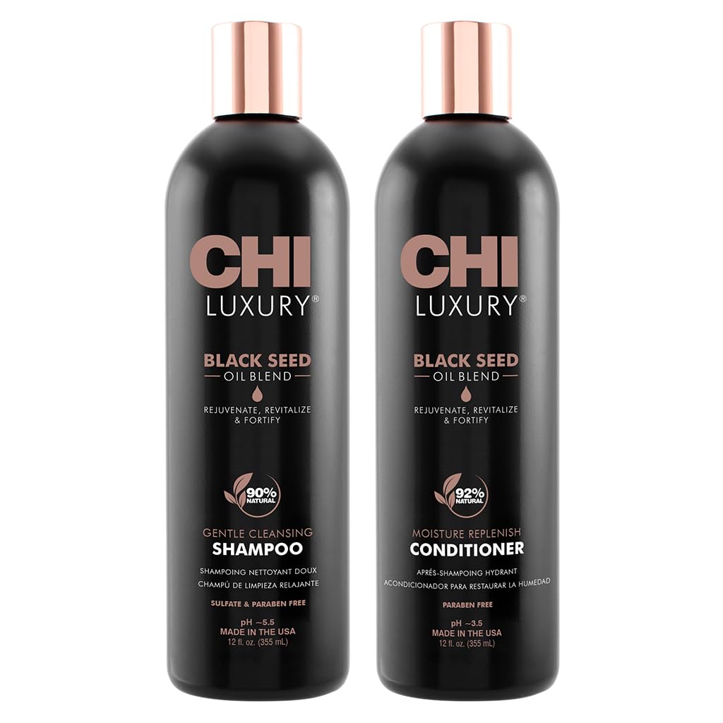 CHI front packaging shows shampoo and conditioner set, highlights luxury care