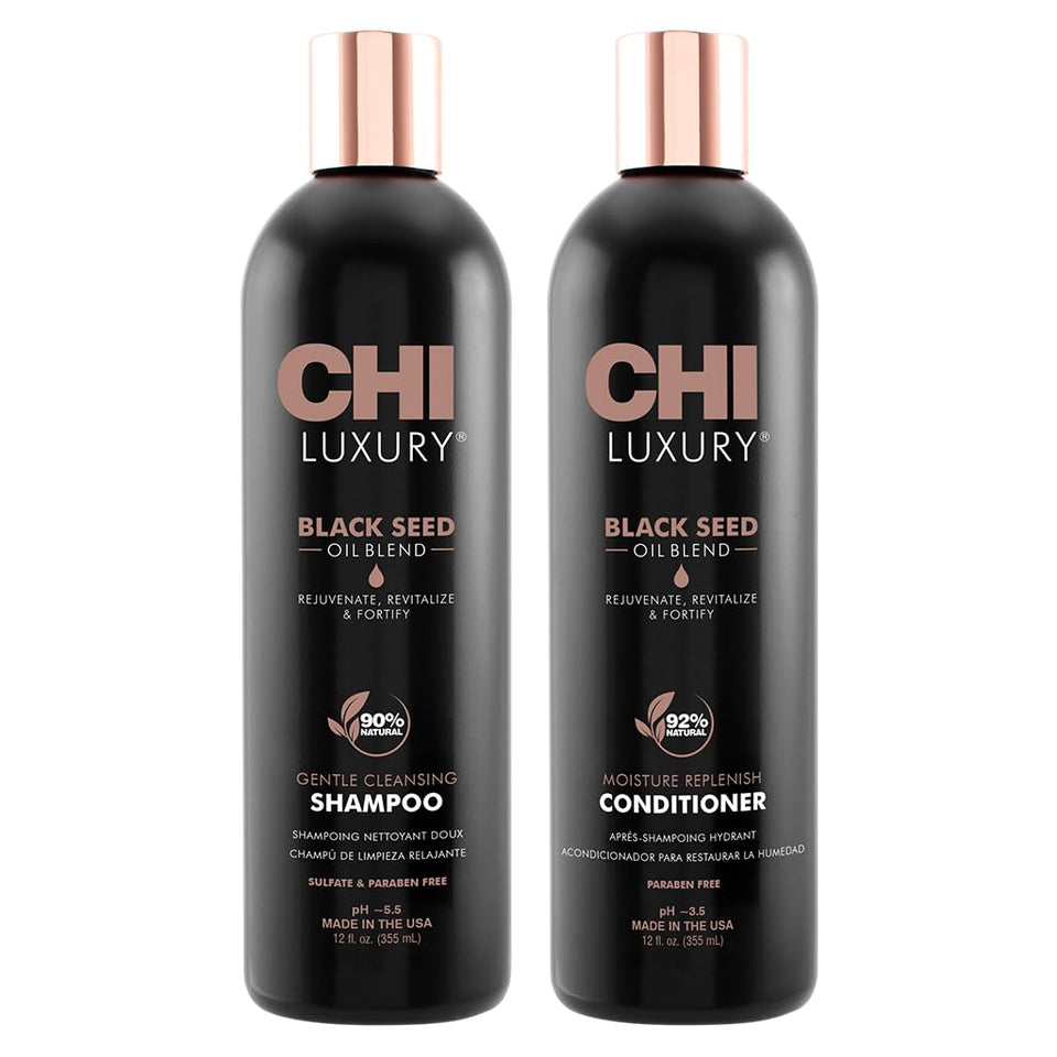 CHI front packaging shows shampoo and conditioner set, highlights luxury care