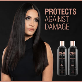 CHI close-up of shampoo pump and label, emphasizes easy dispensing
