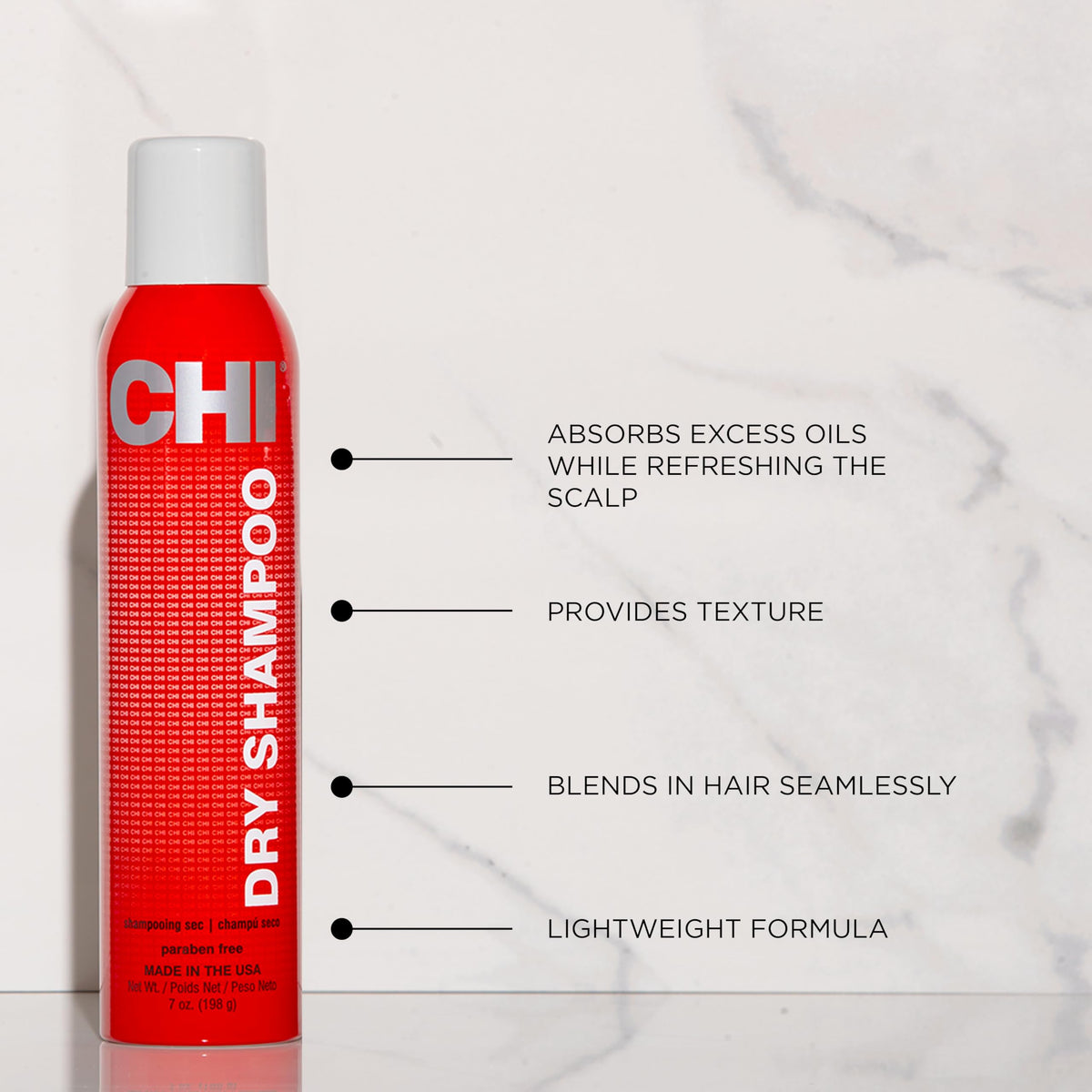 CHI dry shampoo spray closeup demonstrating fine mist for quick refresh