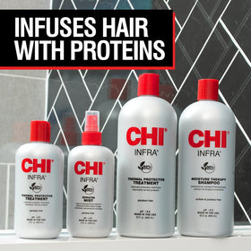CHI applying treatment to damp hair for heat protection