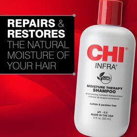 CHI Infra shampoo staged in bathroom showing everyday styling benefit
