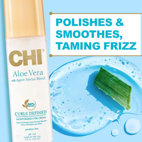 CHI ingredients display with aloe vera and silk protein highlighting hydration and shine