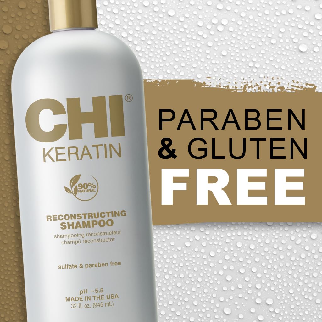 CHI Keratin shampoo on bathroom shelf next to towel, suggests everyday salon-quality use