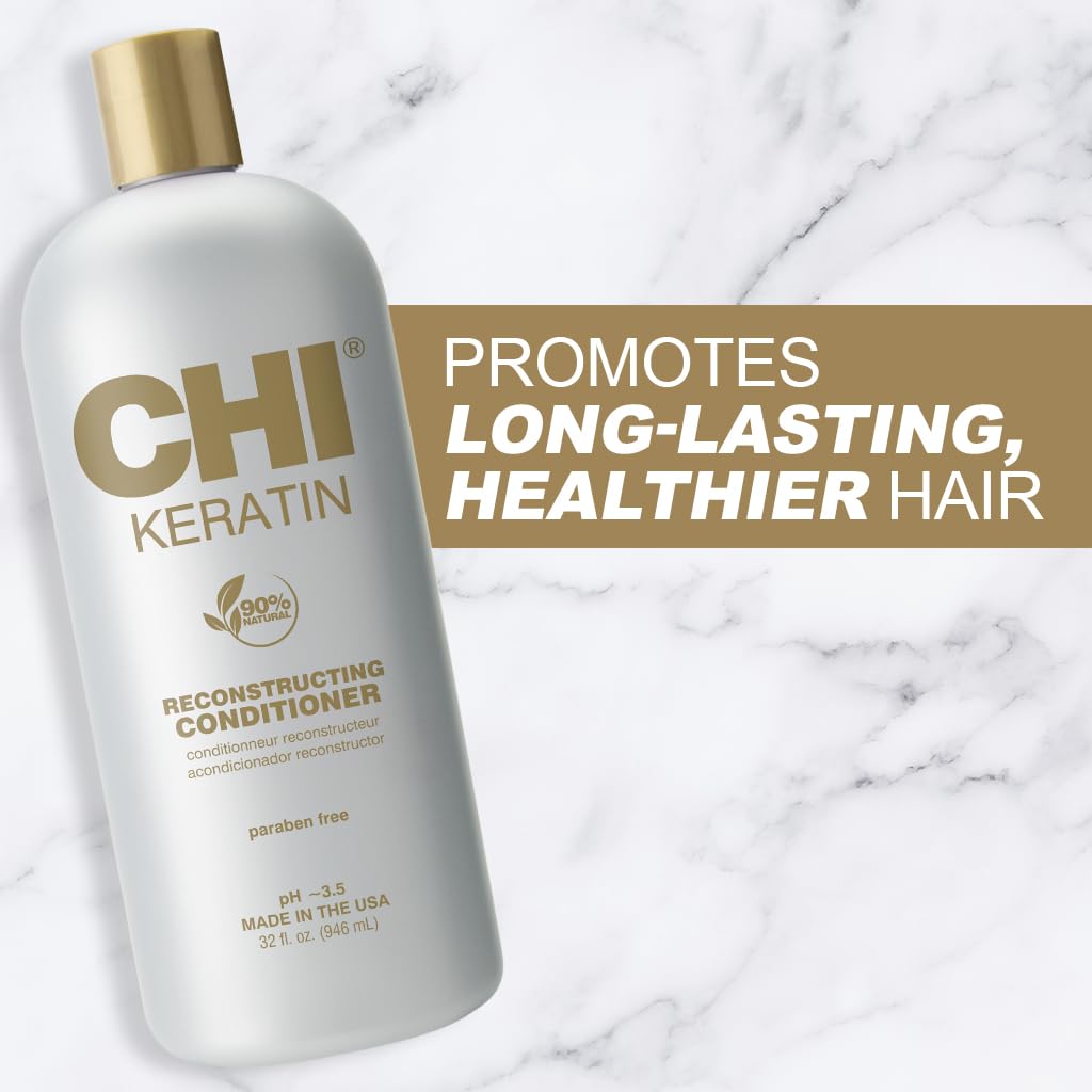 CHI product label close-up highlighting keratin and oil ingredients