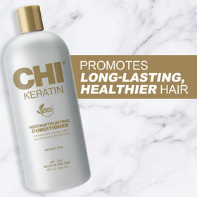 CHI product label close-up highlighting keratin and oil ingredients