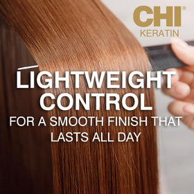 CHI keratin flex hair in use on styled hair demonstrating smooth finish