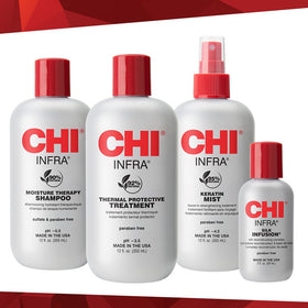 CHI Keratin Mist mid-air spray demonstrating heat protection and lightweight finish