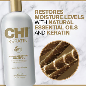 CHI Keratin shampoo pump dispense with droplet, shows easy salon-style dispensing