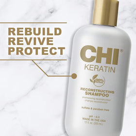 CHI label close-up highlighting keratin and ingredient callouts