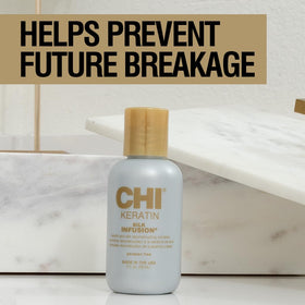 CHI pump and label closeup highlighting keratin ingredients and easy dispensing