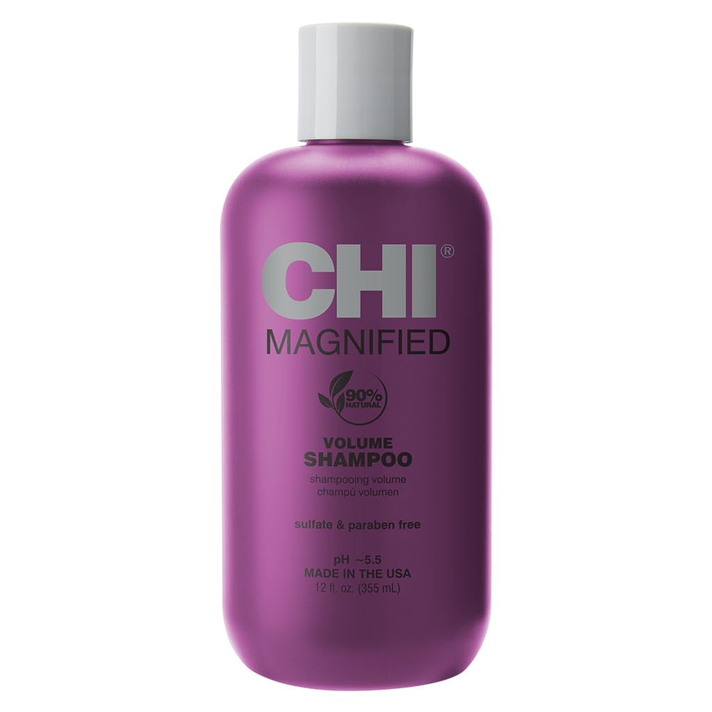 CHI magnified volume front package showing 12 oz bottle and label benefits