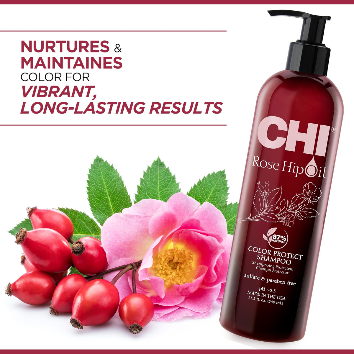 CHI rosehip oil protecting shampoo back label with ingredients and directions