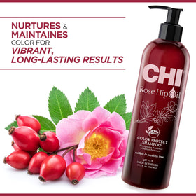 CHI rosehip oil protecting shampoo back label with ingredients and directions
