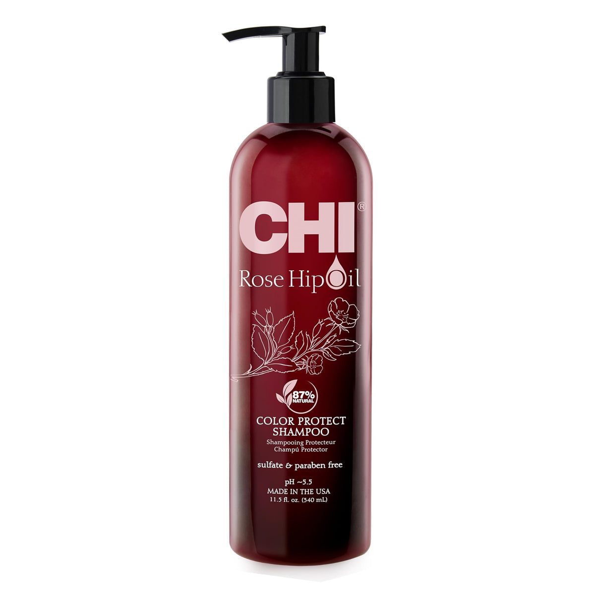 CHI rosehip oil protecting shampoo front bottle showing packaging benefits