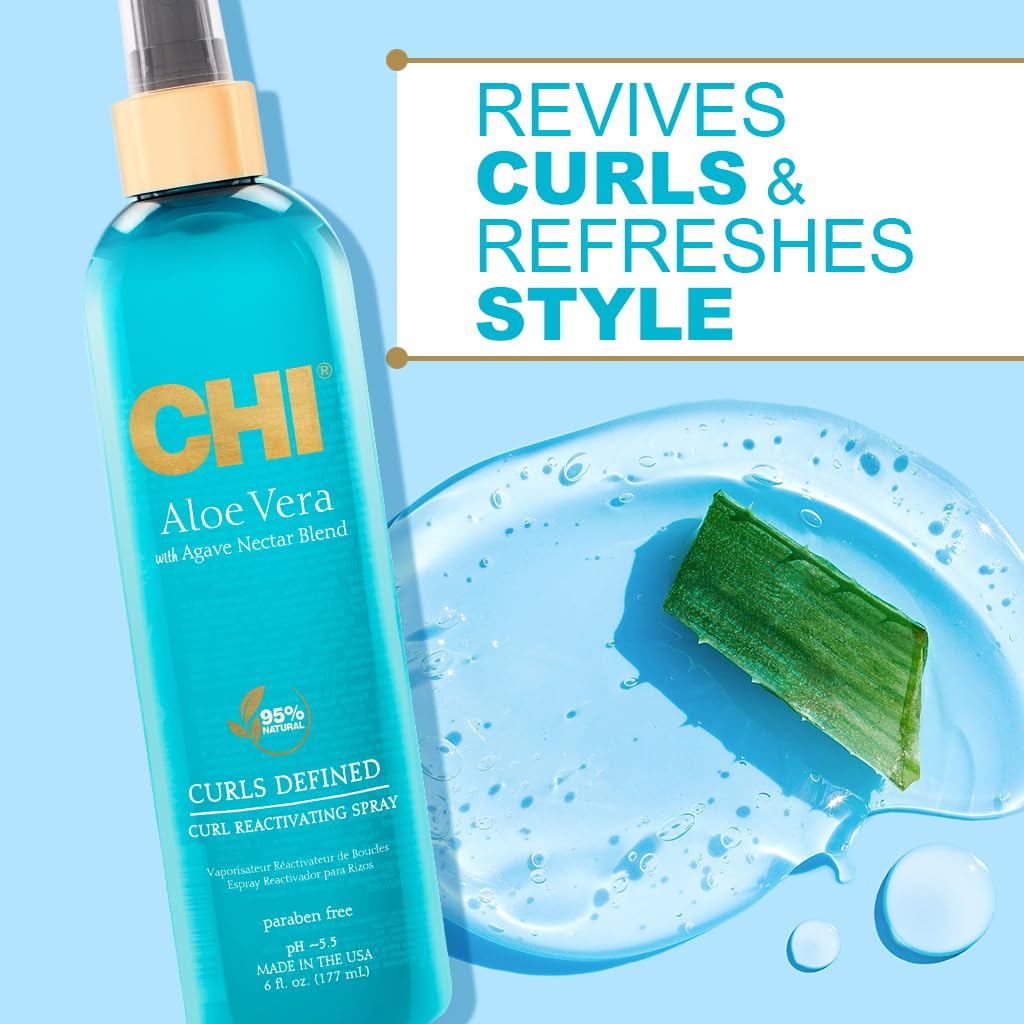 CHI spray in hand misting hair, shows quick curl revival benefit