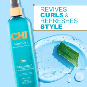 CHI spray in hand misting hair, shows quick curl revival benefit