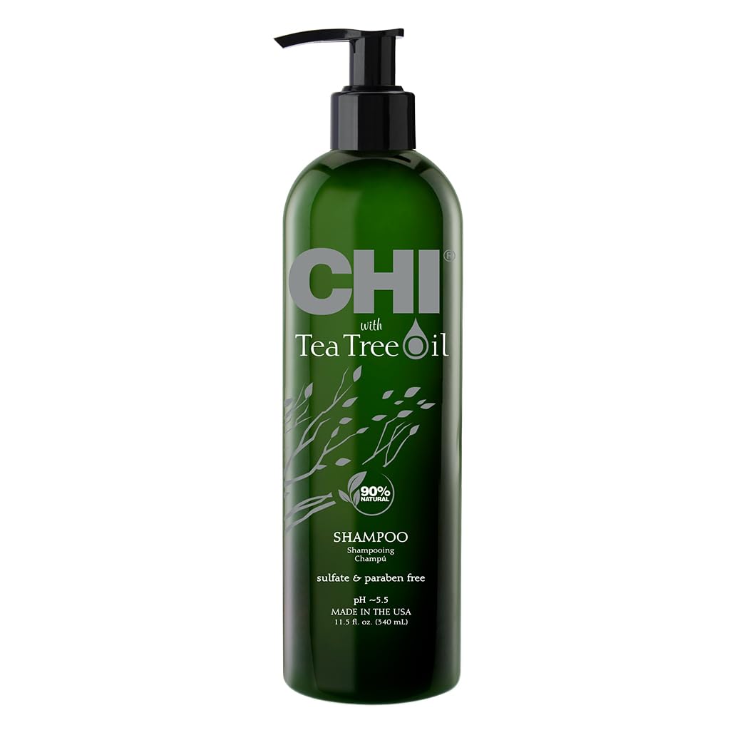 CHI shampoo front bottle showing label and calming tea tree benefits