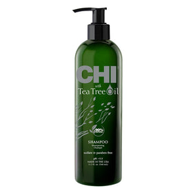 CHI shampoo front bottle showing label and calming tea tree benefits