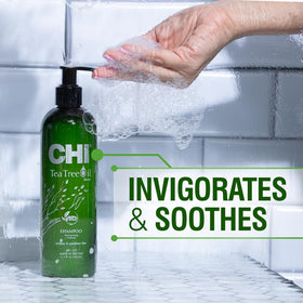 CHI shampoo lather on wet hair demonstrating cleansing effectiveness
