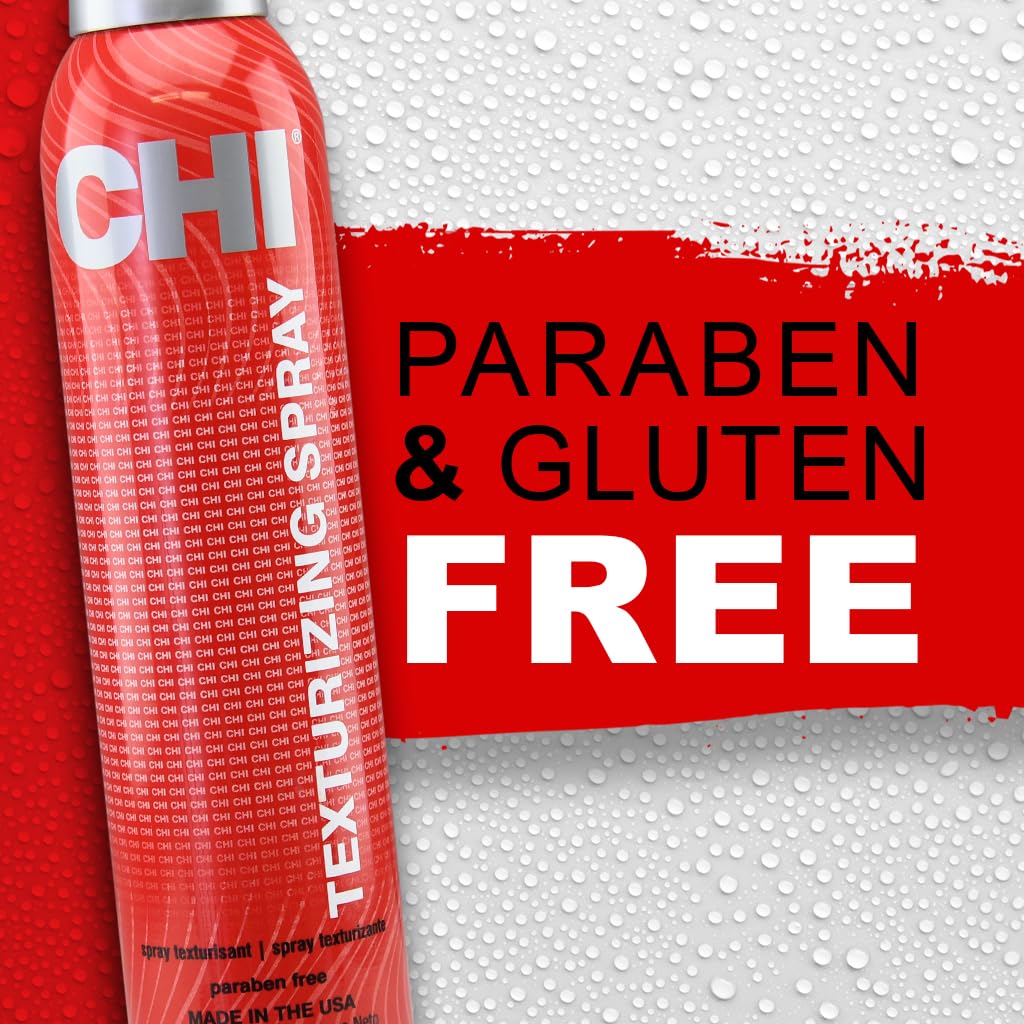 Label close-up of CHI texturizing hairspray listing key free-from claims and benefits