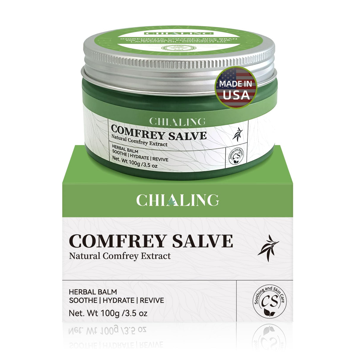 Chialing front tin showing label and product benefit of soothing skin