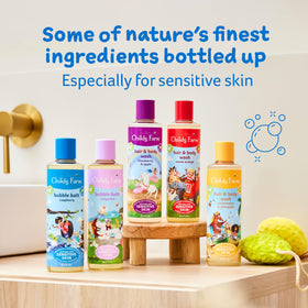 Childs Farm in family bathroom lifestyle scene emphasizing everyday bath routine