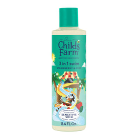 Childs Farm bottle front view showing strawberry and mint fragrance benefits