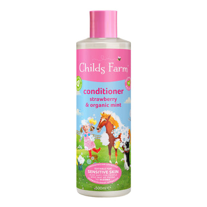 Childs Farm front bottle view showing strawberry mint scent and gentle formula benefit