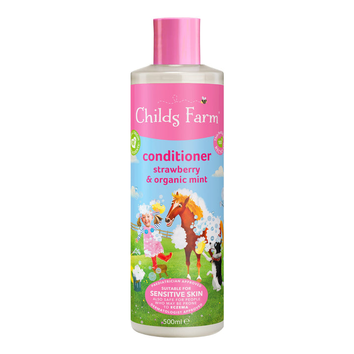 Childs Farm front bottle view showing strawberry mint scent and gentle formula benefit