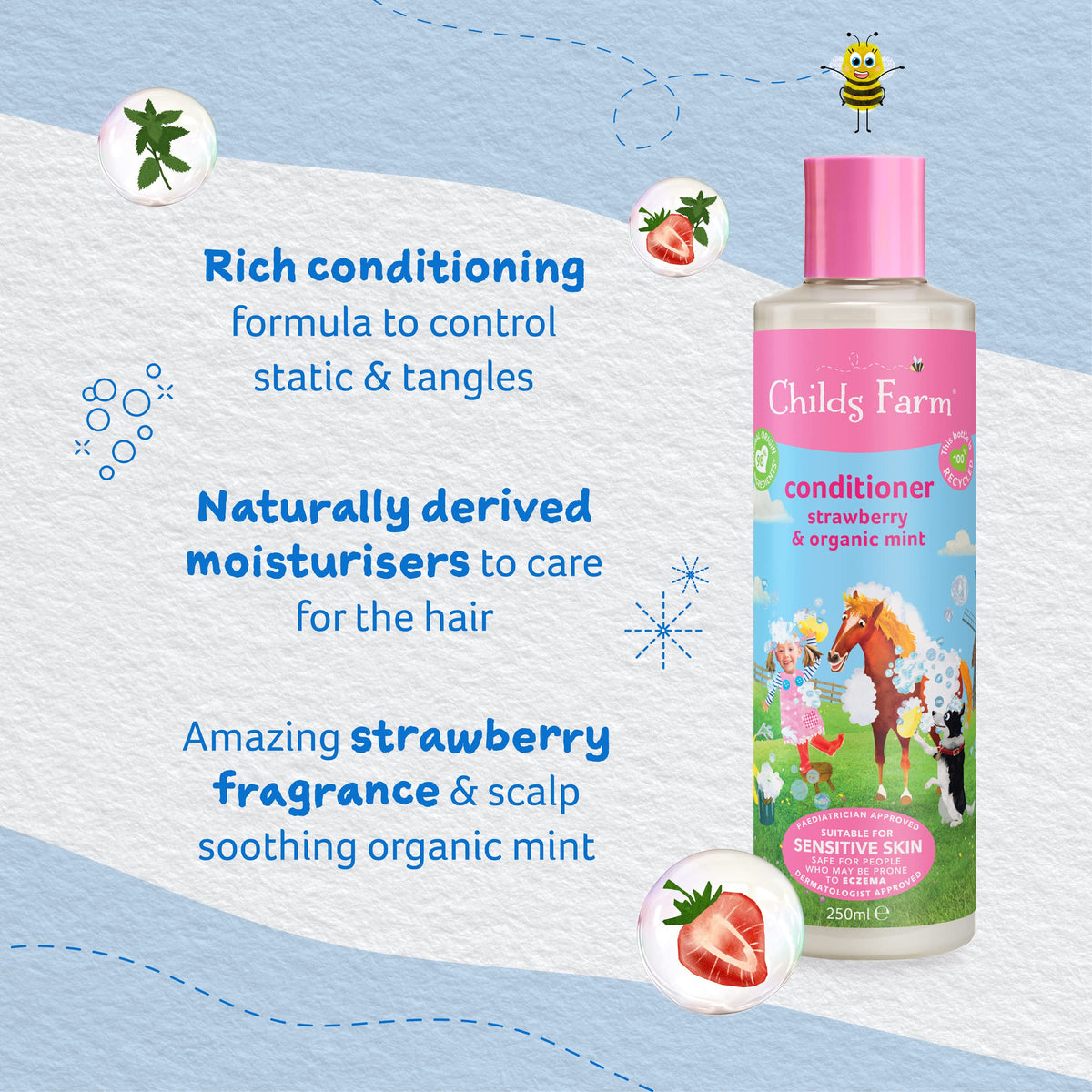 Childs Farm bottle on bathroom shelf showing family-ready size and everyday use benefit