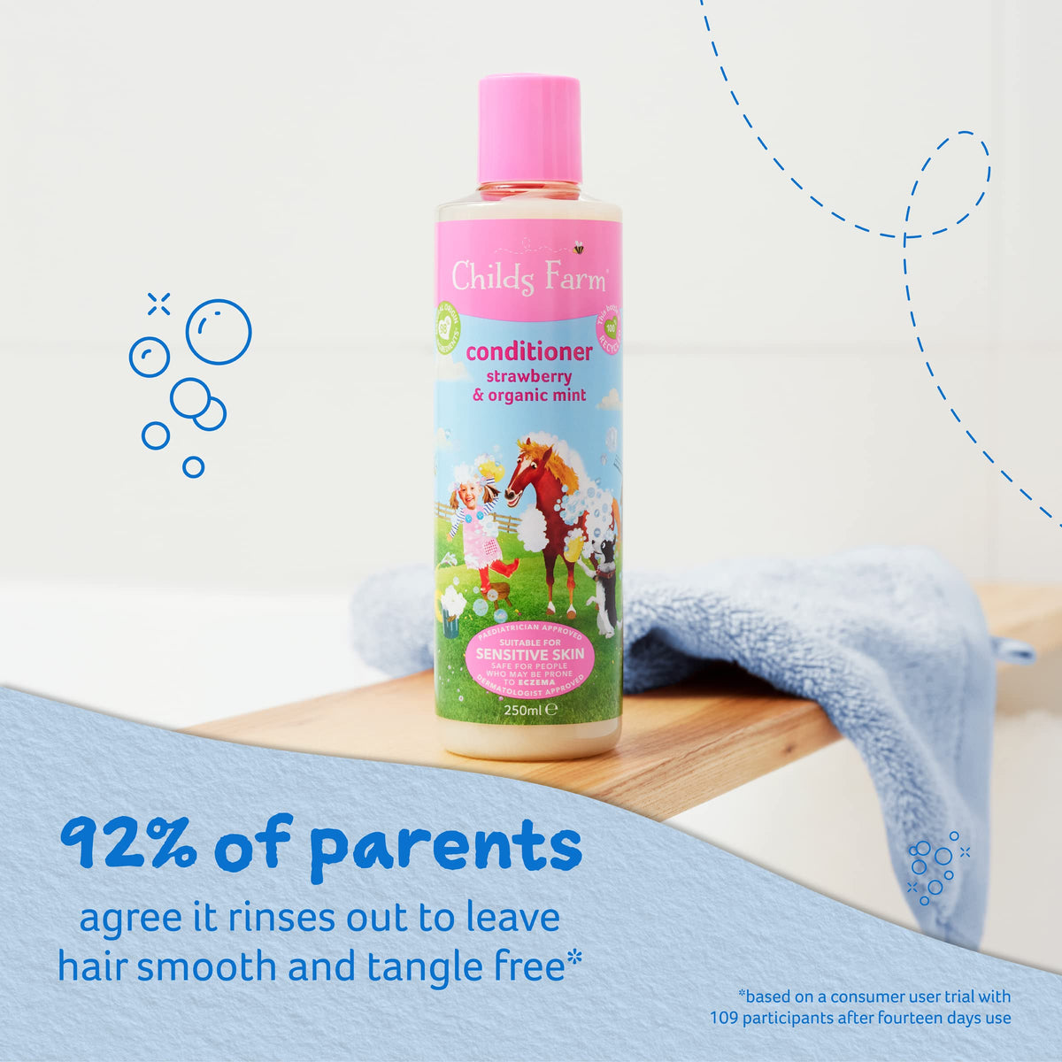 Childs Farm conditioner texture close-up showing creamy consistency for smoother detangling