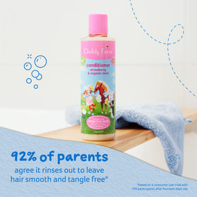 Childs Farm conditioner texture close-up showing creamy consistency for smoother detangling