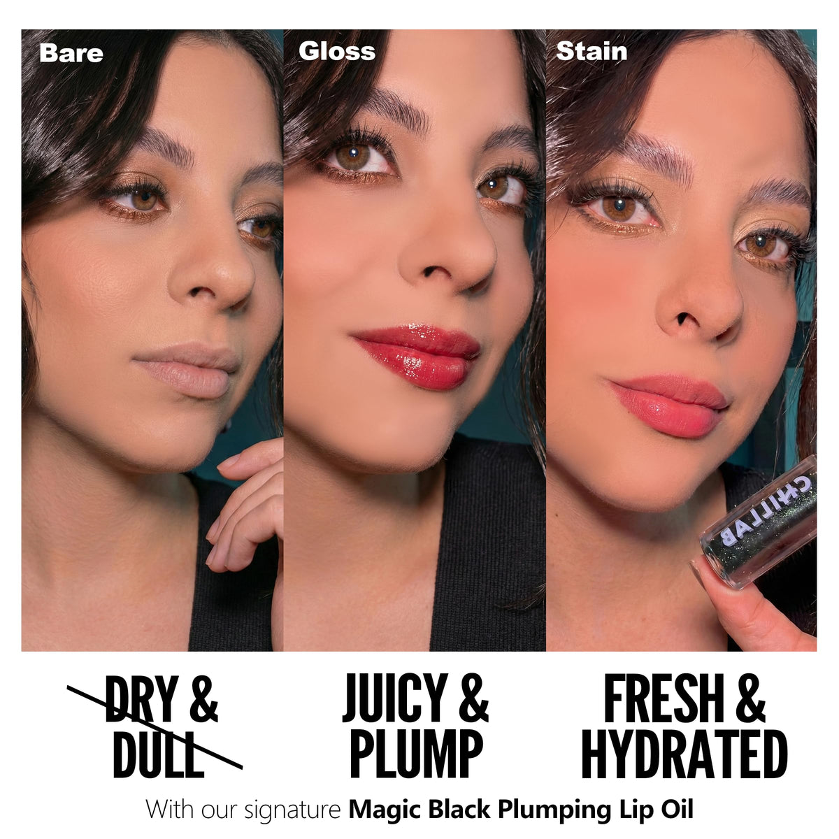 Chillab before and after lip swatch showing plumping and color adaptation