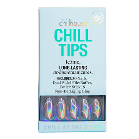 Chillhouse front packaging showing Chill at the Disco almond press-on kit and contents benefit quick setup