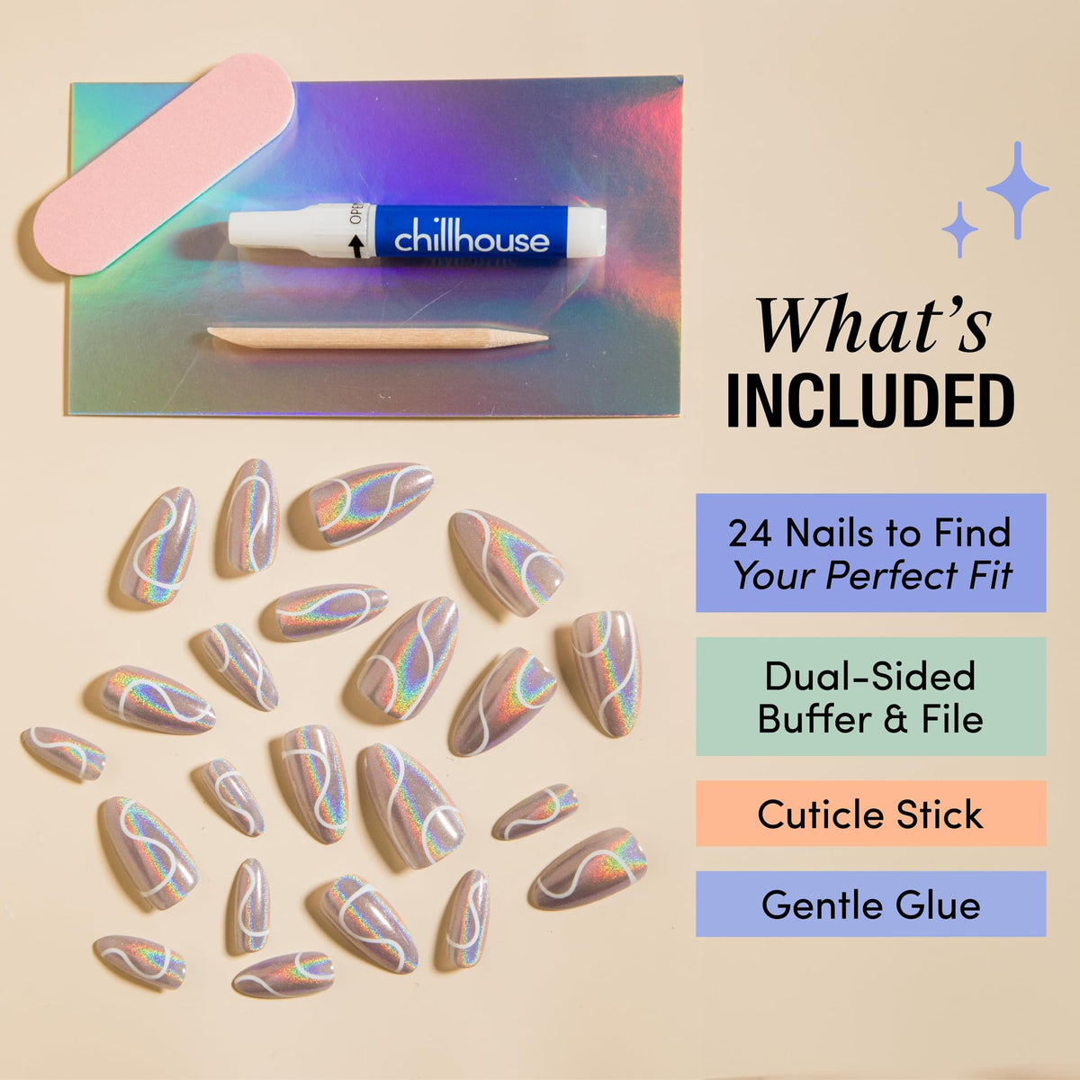 Chillhouse kit tools and Gentle glue arranged to show included file buffer and applicator for easy use