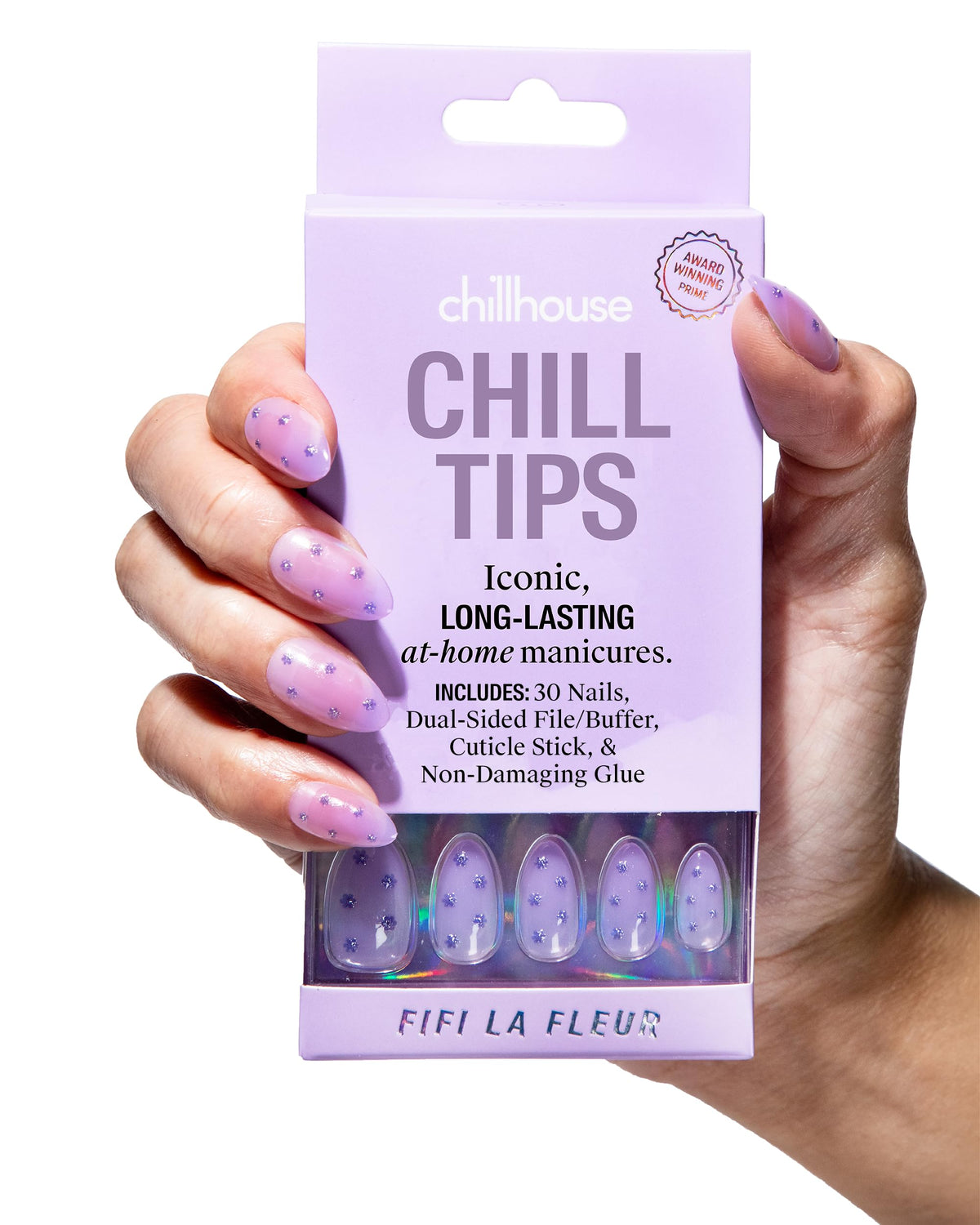 Chillhouse front packaging showing Fifi La Fleur almond tips and included tools for easy application